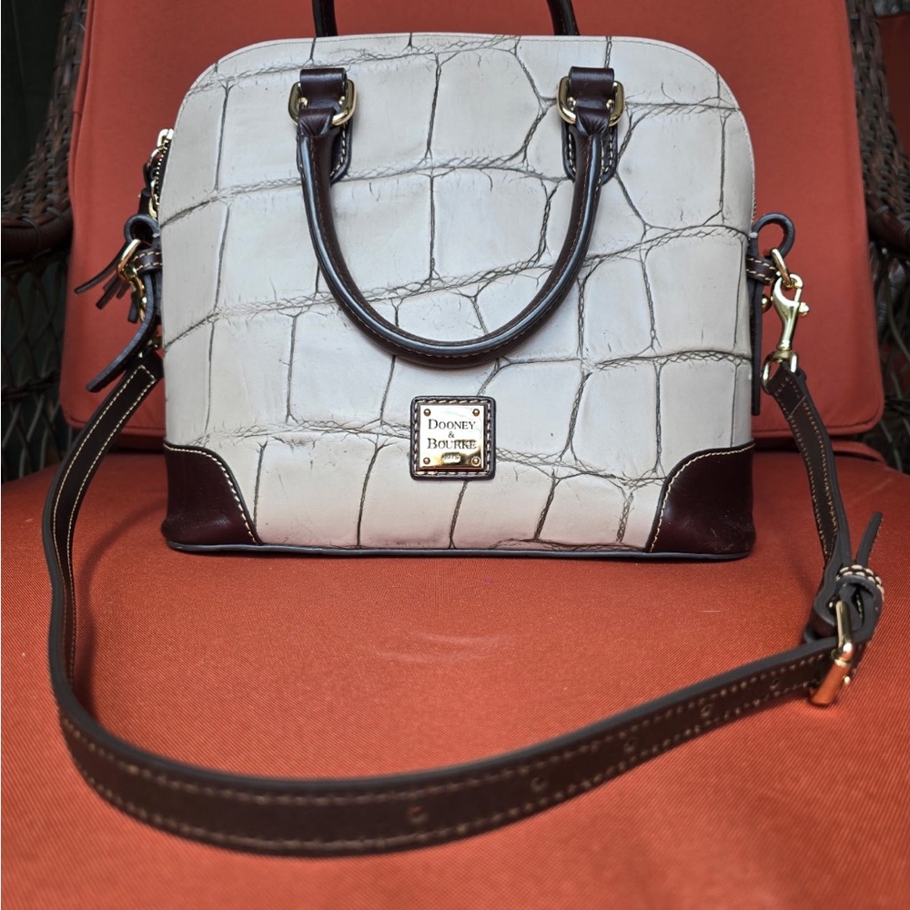Dooney & Bourke White Croc-Embossed Satchel with Brown Trim